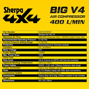 Sherpa 4x4 'BIG V4' Air Compressor (400 L/min) with Pre-set Pressure Control System