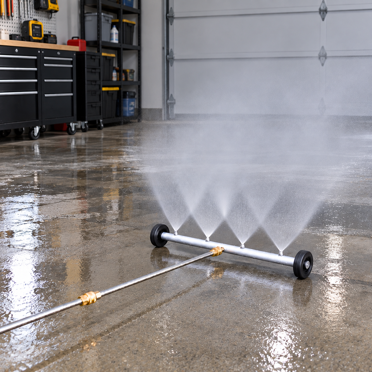 The Paddock™ Underbody Cleaning Wand 500mm (20″), by Paddock, features a metal spray bar with black wheels on each end, four spray nozzles along the bar, and a central brass connector. Designed as a pressure washer attachment for use as an undercarriage or underbody cleaning wand for vehicles, it is shown isolated on a white background.